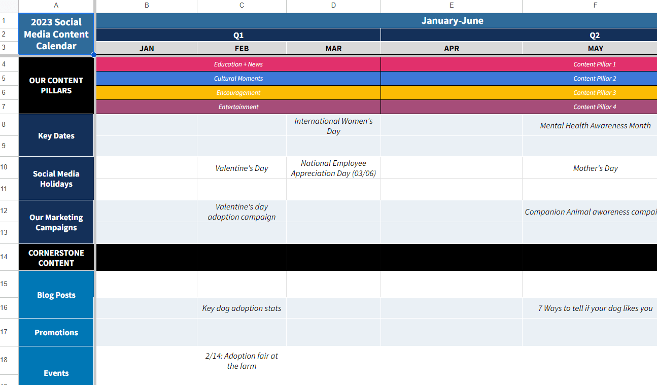 2023 Social Media Content Calendar created in Excel